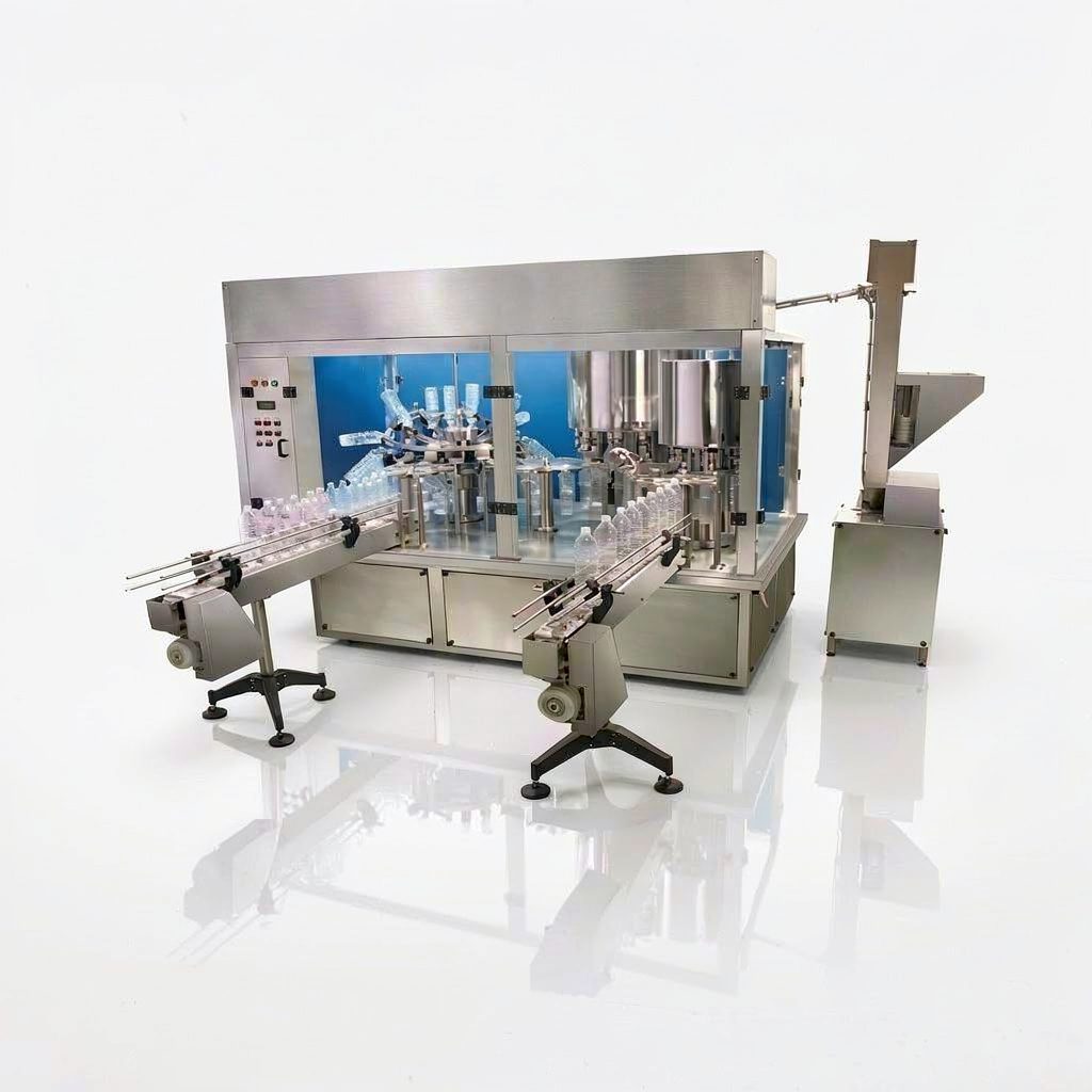 Automatic bottle rinsing, filling and capping machine with conveyors