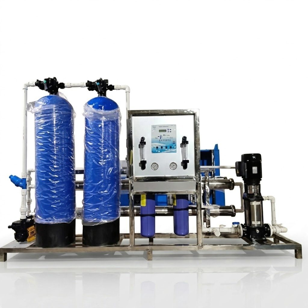 Compact reverse osmosis plant with pre-treatment vessels and digital control panel