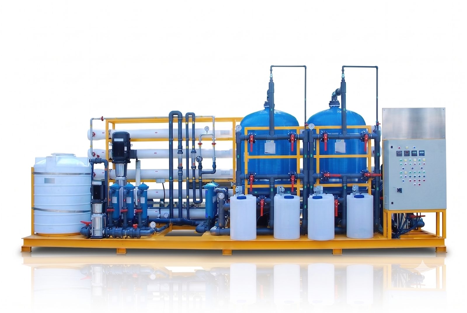 Large industrial water treatment line with filtration vessels, membrane banks and dosing tanks